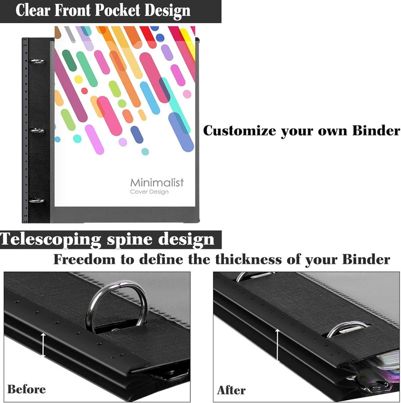 INFUN 1 Inch 3-Ring Telescoping Project Organizer Binder,13 Pocket, Customizable Front Cover, 5 Colors Pocket Divider and Plastic Binder Pocket，225 Sheet Capacity-Black - Image 4